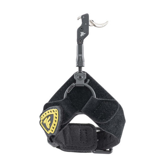 Adjustable archery release with wrist strap for bowhunting and target shooting.