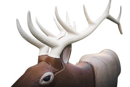 Antler-shaped target for archery practice in a woodland setting at sunset.