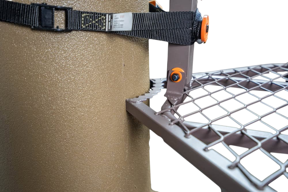 Heavy-duty climbing tree stand mounting bracket with safety strap, outdoor hunting gear.