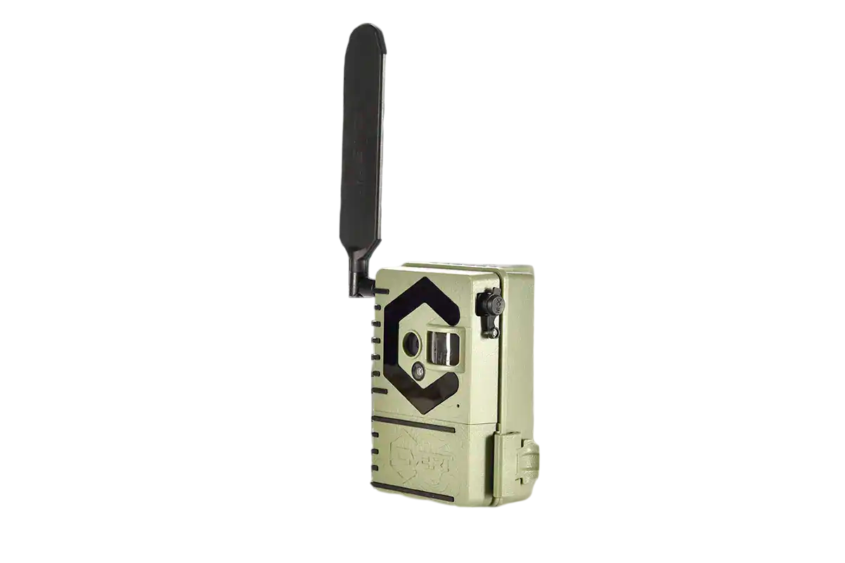 Wireless trail camera with antenna for outdoor wildlife monitoring and hunting.