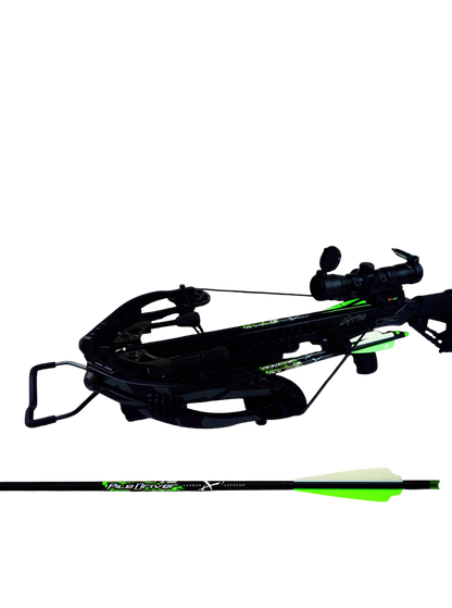 High performance crossbow with scope and sleek adjustable quiver for bowhunting.