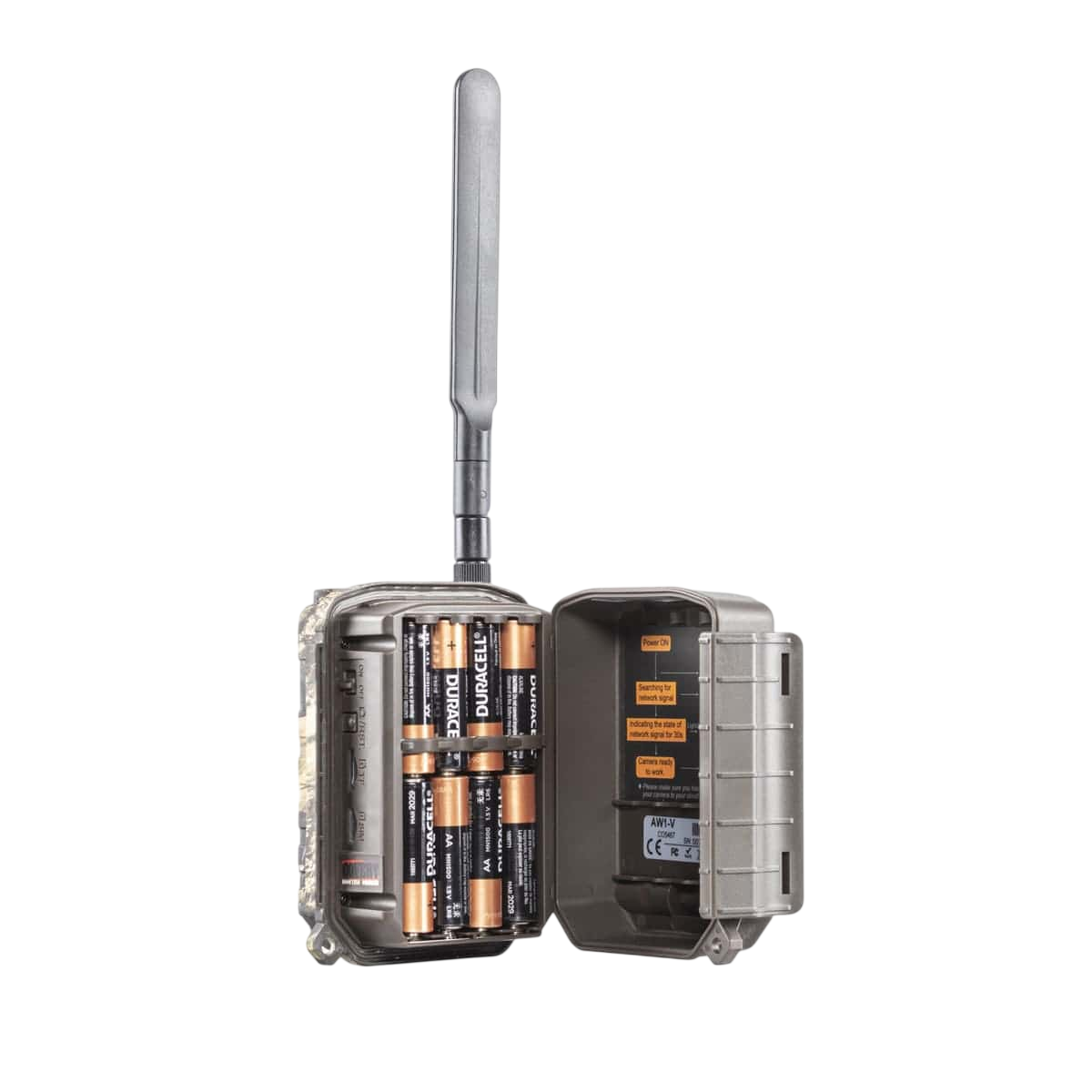 1. Wireless trail camera with antenna, battery compartment, and signal indicator.