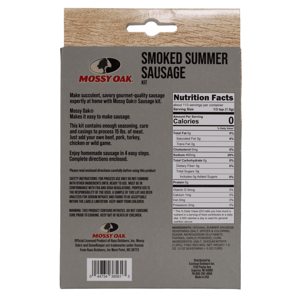 Succulent smoked summer sausage in original Mossy Oak packaging for outdoor enthusiasts.