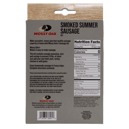 Succulent smoked summer sausage in original Mossy Oak packaging for outdoor enthusiasts.