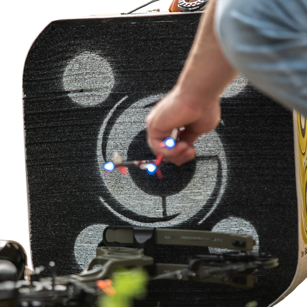 Laser sight aiming at target on archery target board.