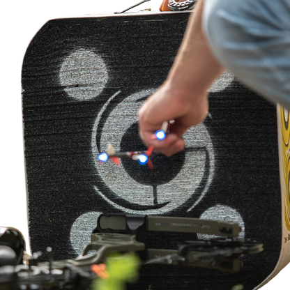 Laser sight aiming at target on archery target board.