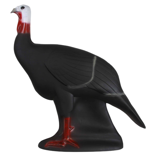 Black and red bird-shaped decoy for hunting or outdoor decor, with realistic details and sturdy construction.