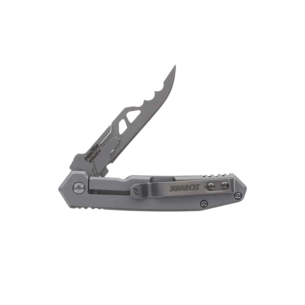 Folded hunting knife with serrated blade and gray handle, perfect for outdoor activities.