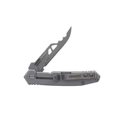 Folded hunting knife with serrated blade and gray handle, perfect for outdoor activities.