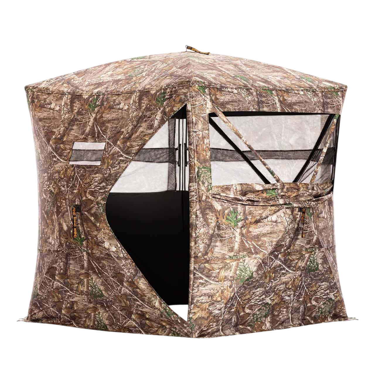 Camouflage hunting blind tent for outdoor bowhunting and archery activities.