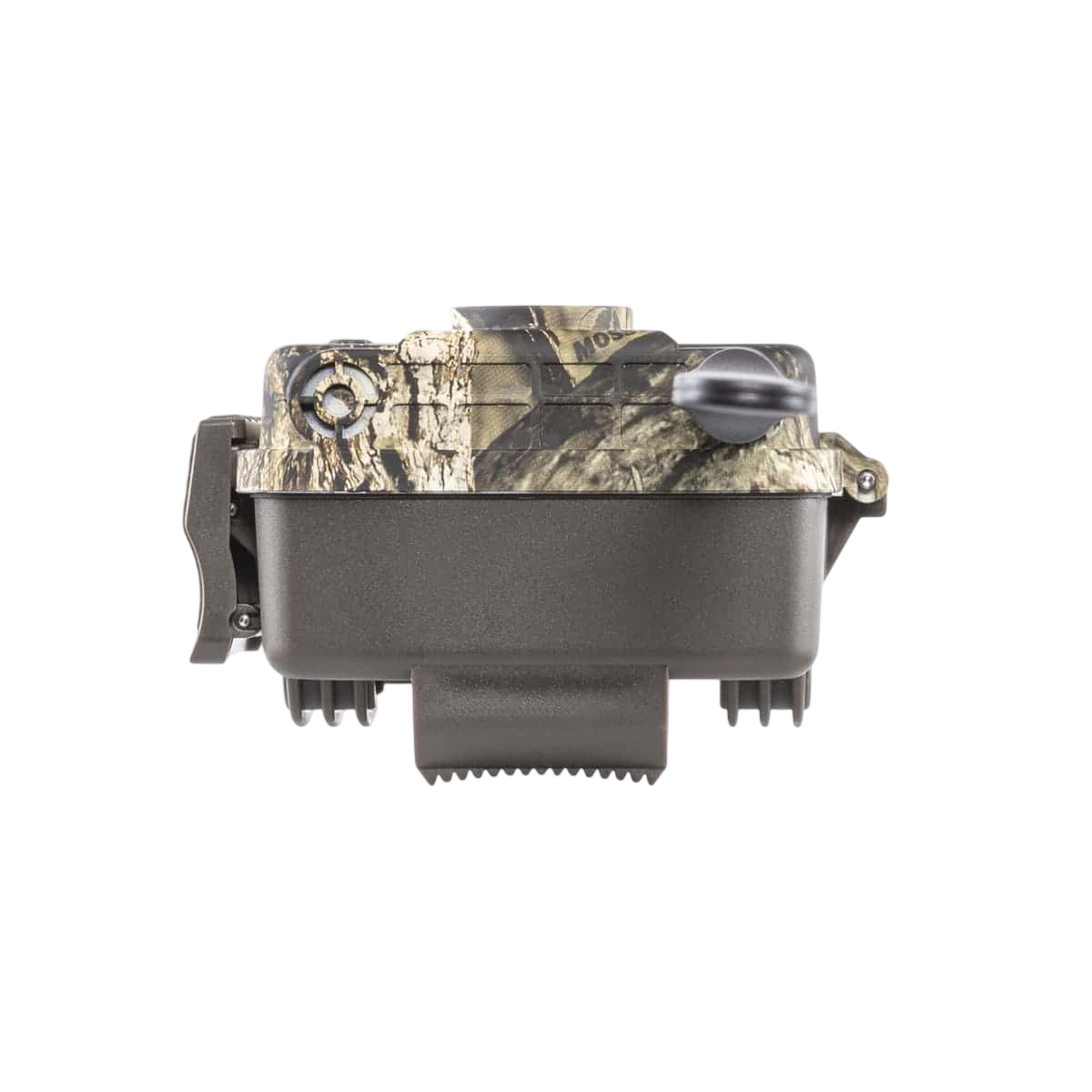 Camouflage trail camera for wildlife monitoring and outdoor hunting.