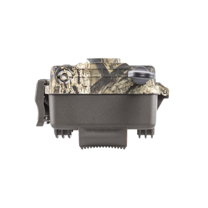 Camouflage trail camera for wildlife monitoring and outdoor hunting.