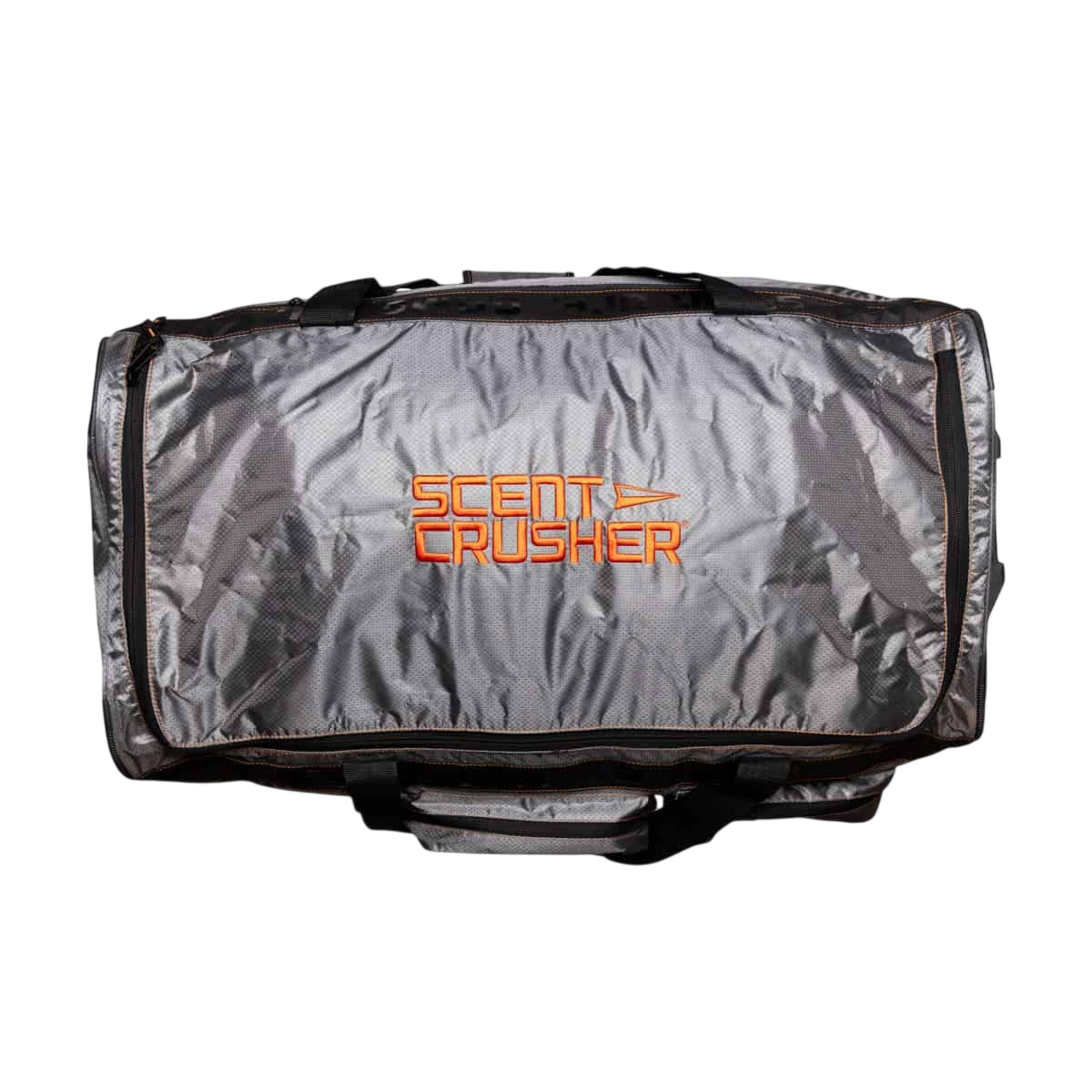 Durable gray scent crusher gear bag for bowhunting and outdoor activities with orange logo.