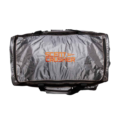 Durable gray scent crusher gear bag for bowhunting and outdoor activities with orange logo.