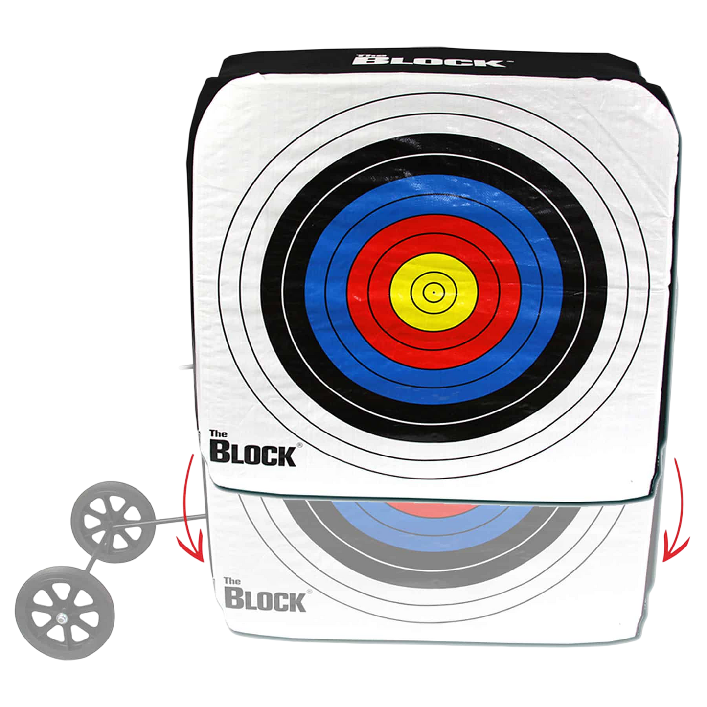 Bright archery target with a bullseye design and adjustable wheels for outdoor shooting practice.