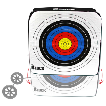 Bright archery target with a bullseye design and adjustable wheels for outdoor shooting practice.