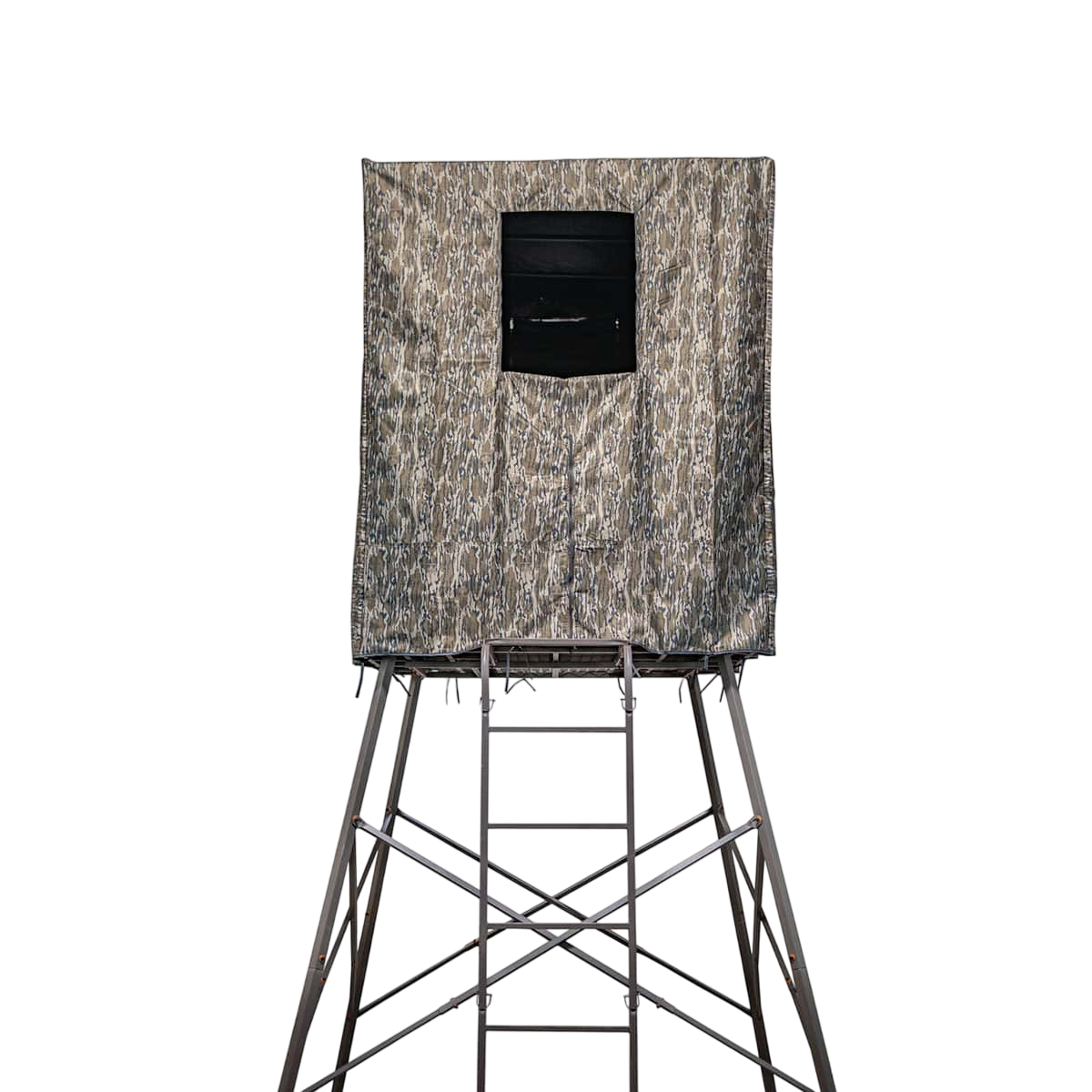 Camouflage hunting blind on elevated stand for bowhunting in the outdoors.