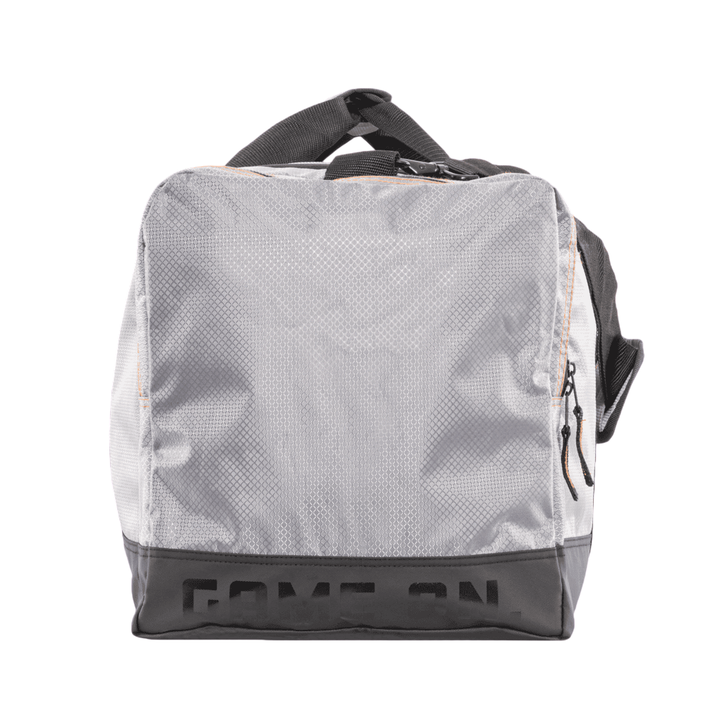 Light gray and black hunting gear bag with durable handles and multiple zippered compartments.