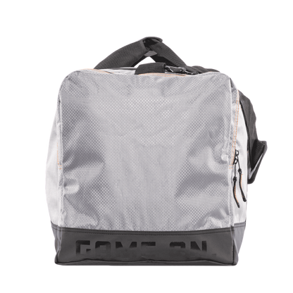 Light gray and black hunting gear bag with durable handles and multiple zippered compartments.