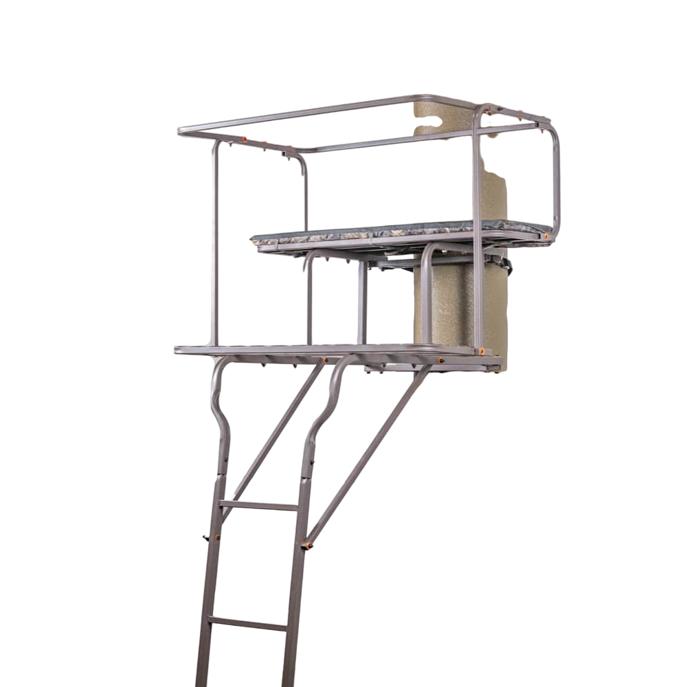 Aluminum hunting blind with ladder mounted on a pole, ideal for bowhunting and outdoor wildlife observation.