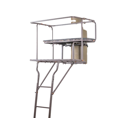 Aluminum hunting blind with ladder mounted on a pole, ideal for bowhunting and outdoor wildlife observation.