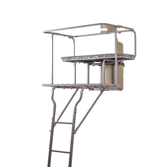Aluminum hunting blind with ladder mounted on a pole, ideal for bowhunting and outdoor wildlife observation.