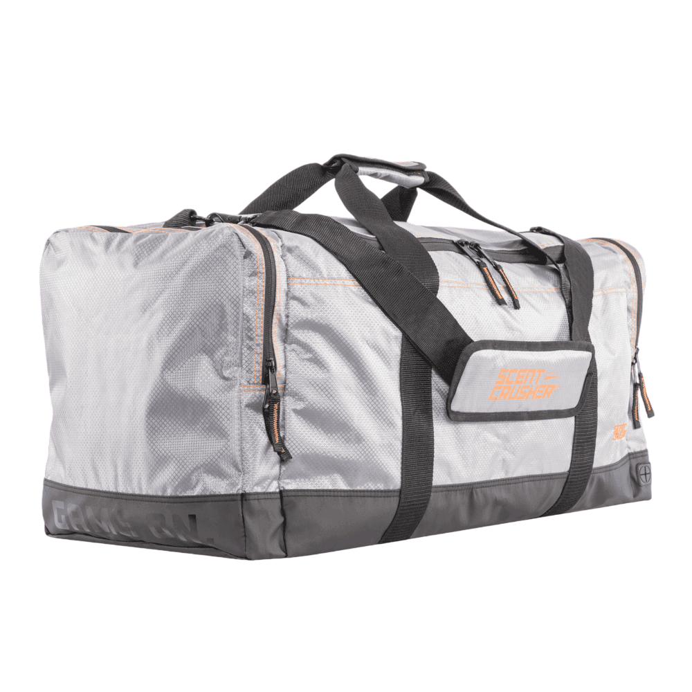 Durable gray and black outdoor gear duffel bag for hunting and archery trips.
