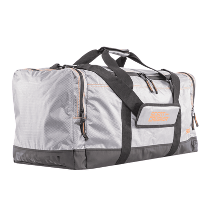 Durable gray and black outdoor gear duffel bag for hunting and archery trips.