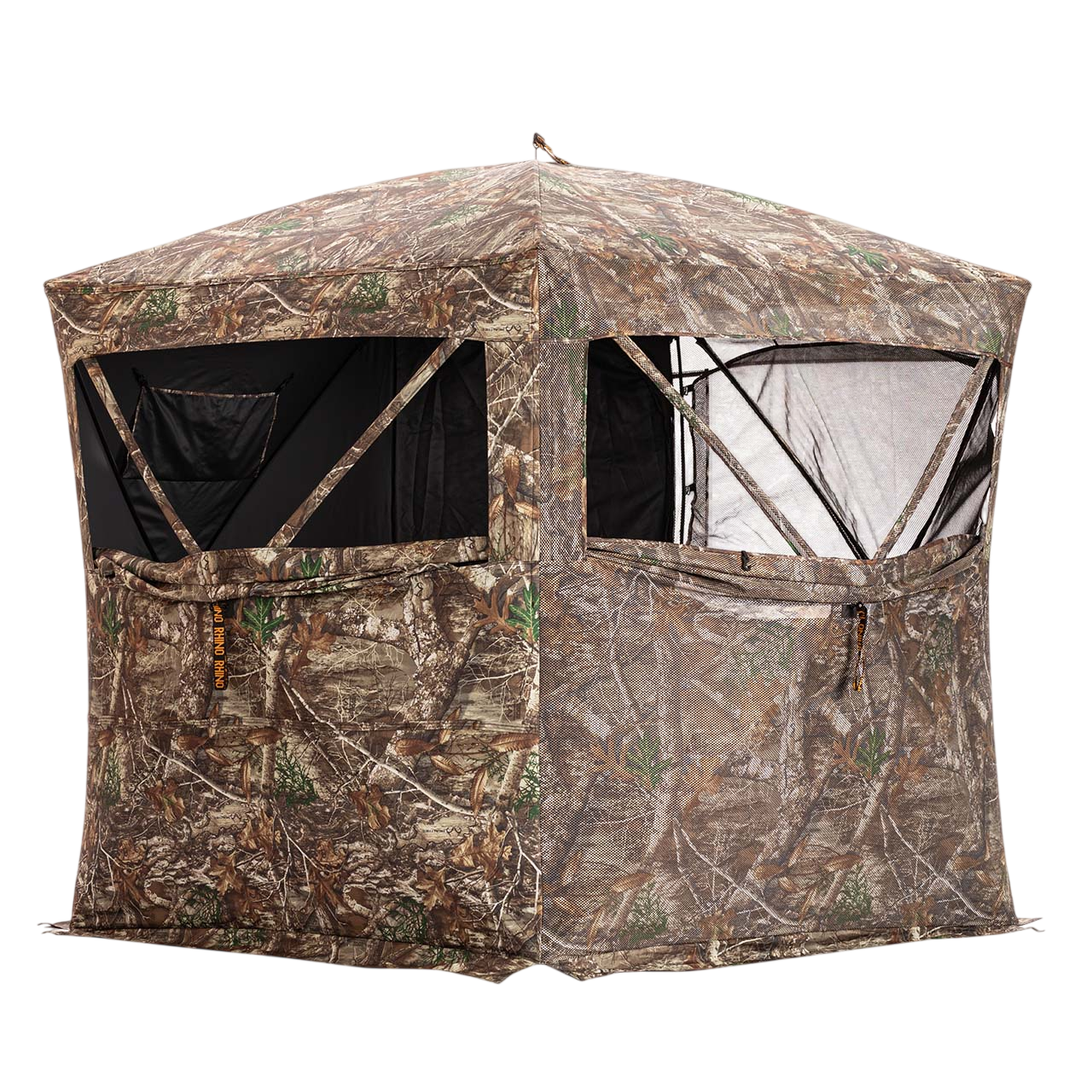 Camo hunting blind shelter with mesh windows for outdoor bowhunting and archery activities.