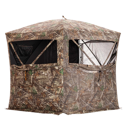 Camo hunting blind shelter with mesh windows for outdoor bowhunting and archery activities.
