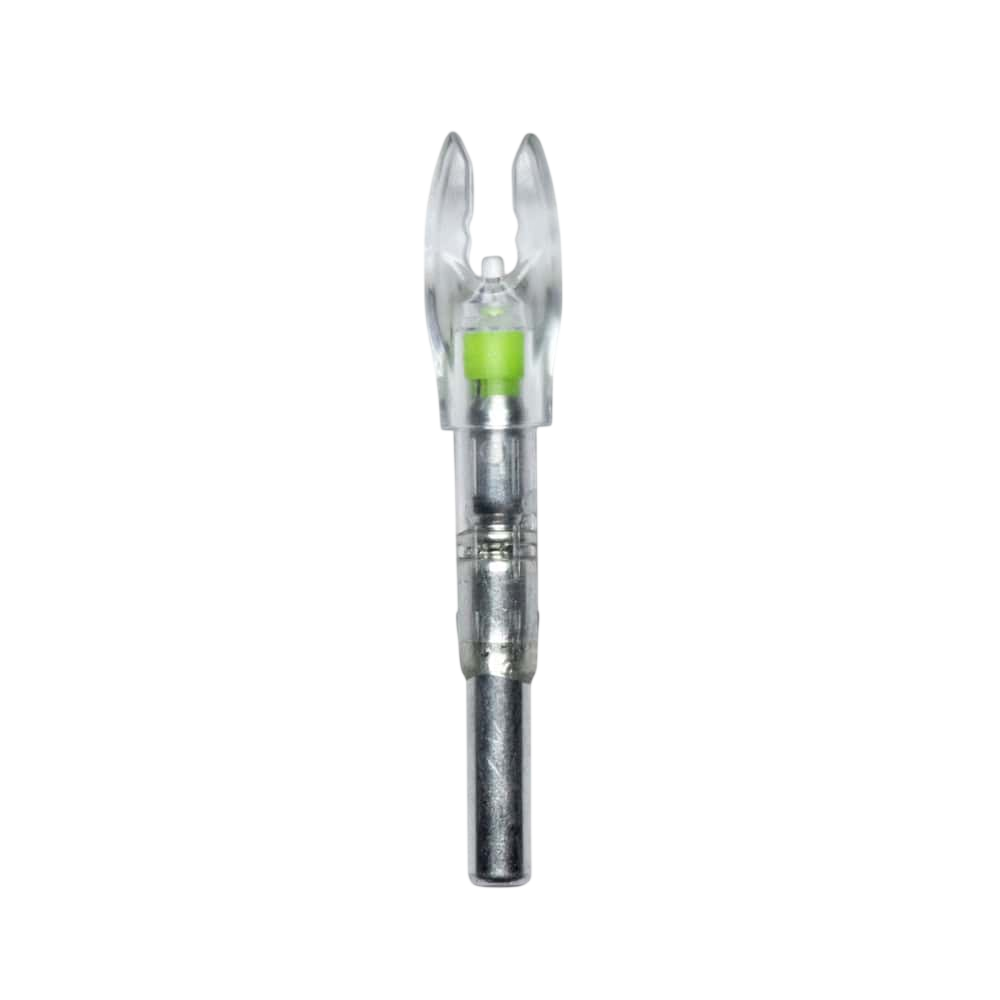 Small archery arrow nock with a lightweight design and bright green alignment marker.