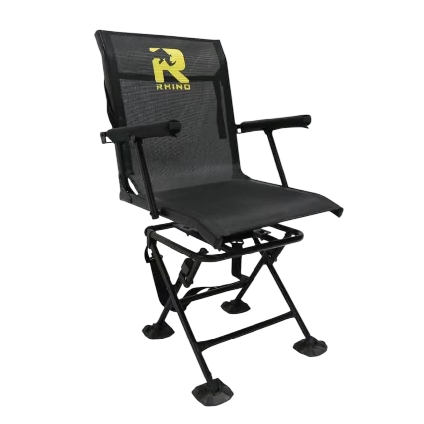 Comfortable outdoor hunting chair with metal frame and adjustable armrests.