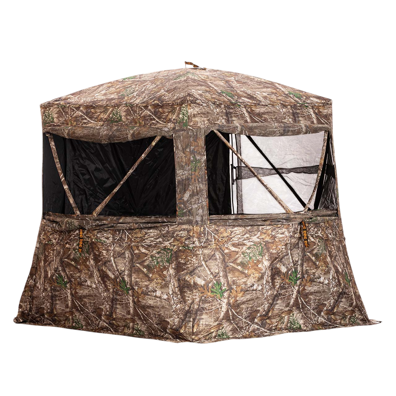 Camo hunting blind tent with camouflage pattern, sturdy fabric, and mesh windows for concealment.