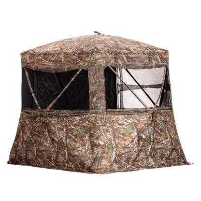 Camo hunting blind tent with camouflage pattern, sturdy fabric, and mesh windows for concealment.