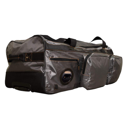 Durable gray and black archery gear bag with multiple compartments and ergonomic design.