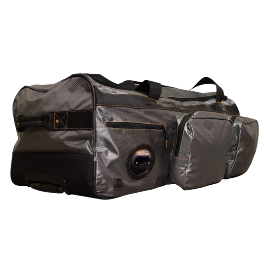 Durable gray and black archery gear bag with multiple compartments and ergonomic design.