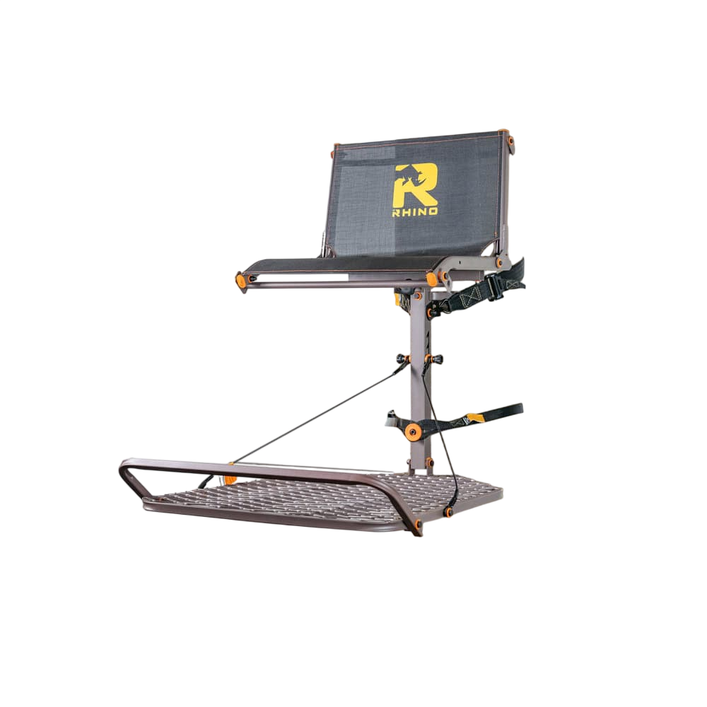 Adjustable outdoor archery target chair mounted on a pole for field practice.