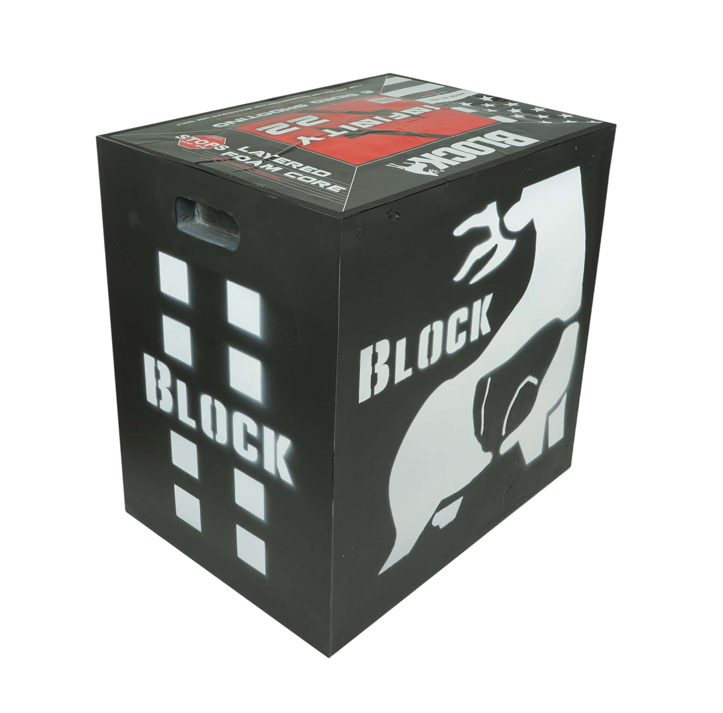 Black Block Archery Practice Target with White Text and Design, for Bowhunting Training.