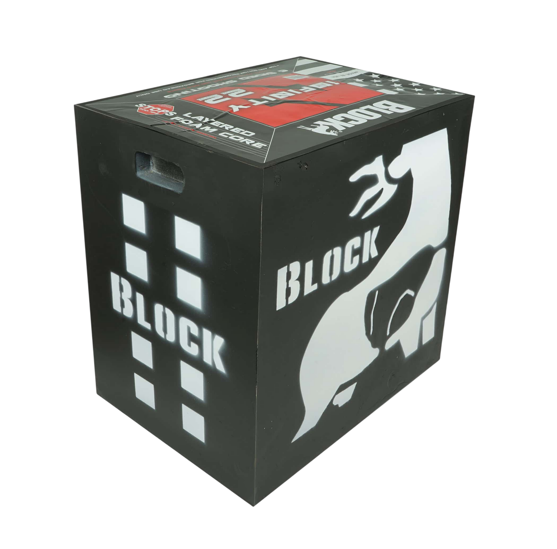 Black Block Archery Practice Target with White Text and Design, for Bowhunting Training.