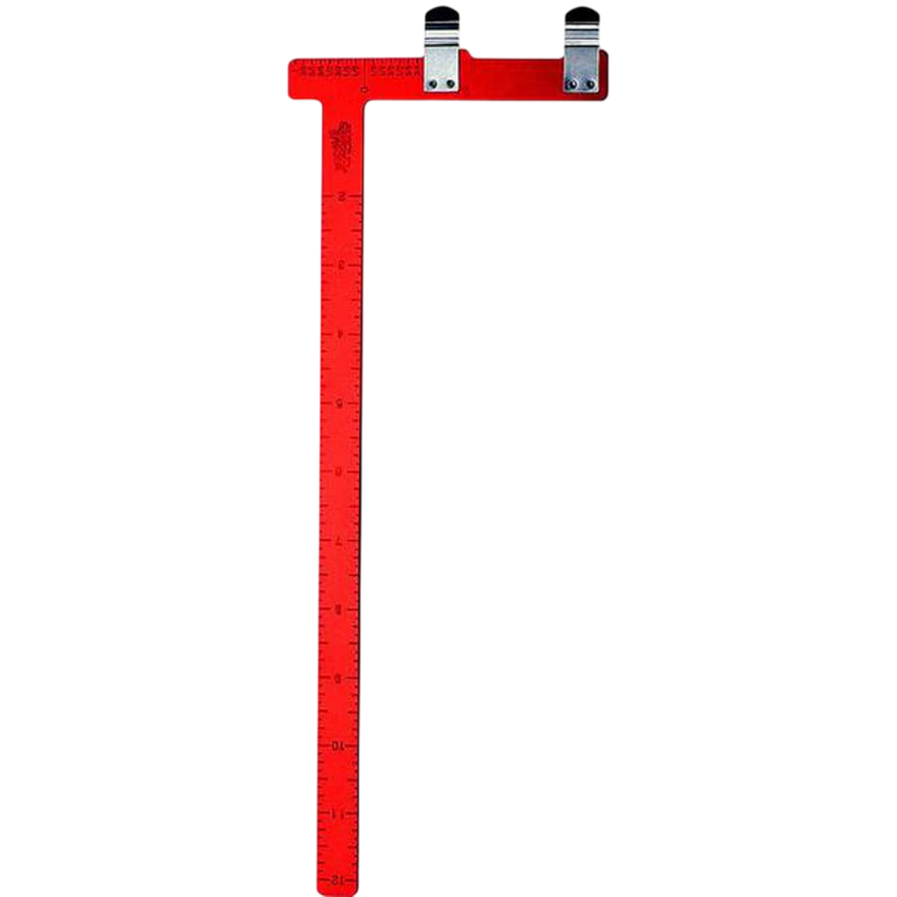 Red archery bowstring serving jig with measurement scale and tool holders.