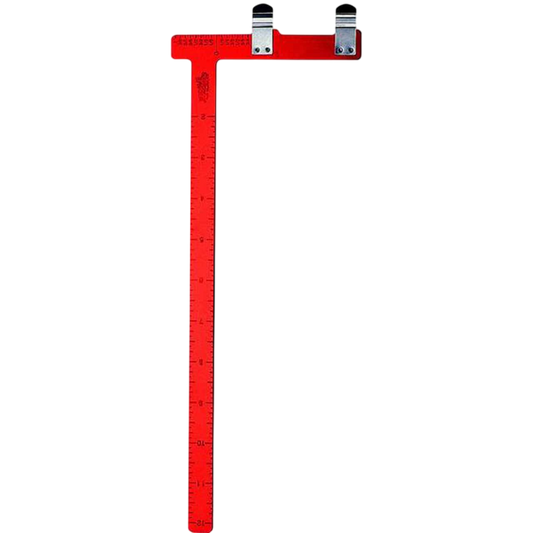 Red archery bowstring serving jig with measurement scale and tool holders.