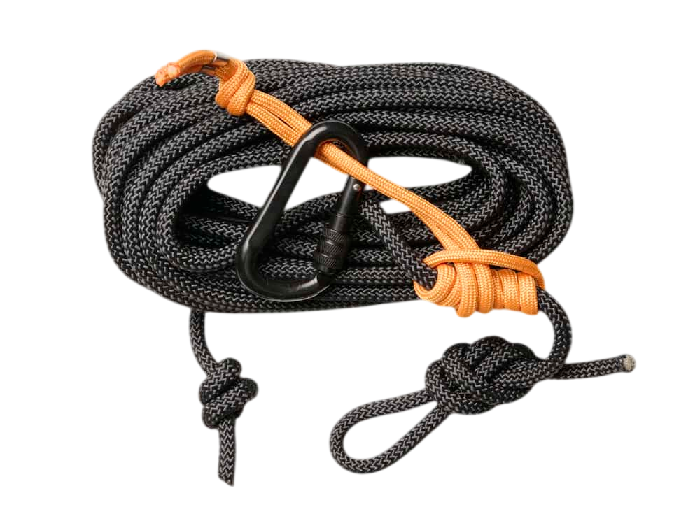 1. Durable black and orange climbing rope with carabiner for outdoor adventure safety.