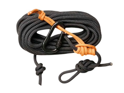 1. Durable black and orange climbing rope with carabiner for outdoor adventure safety.