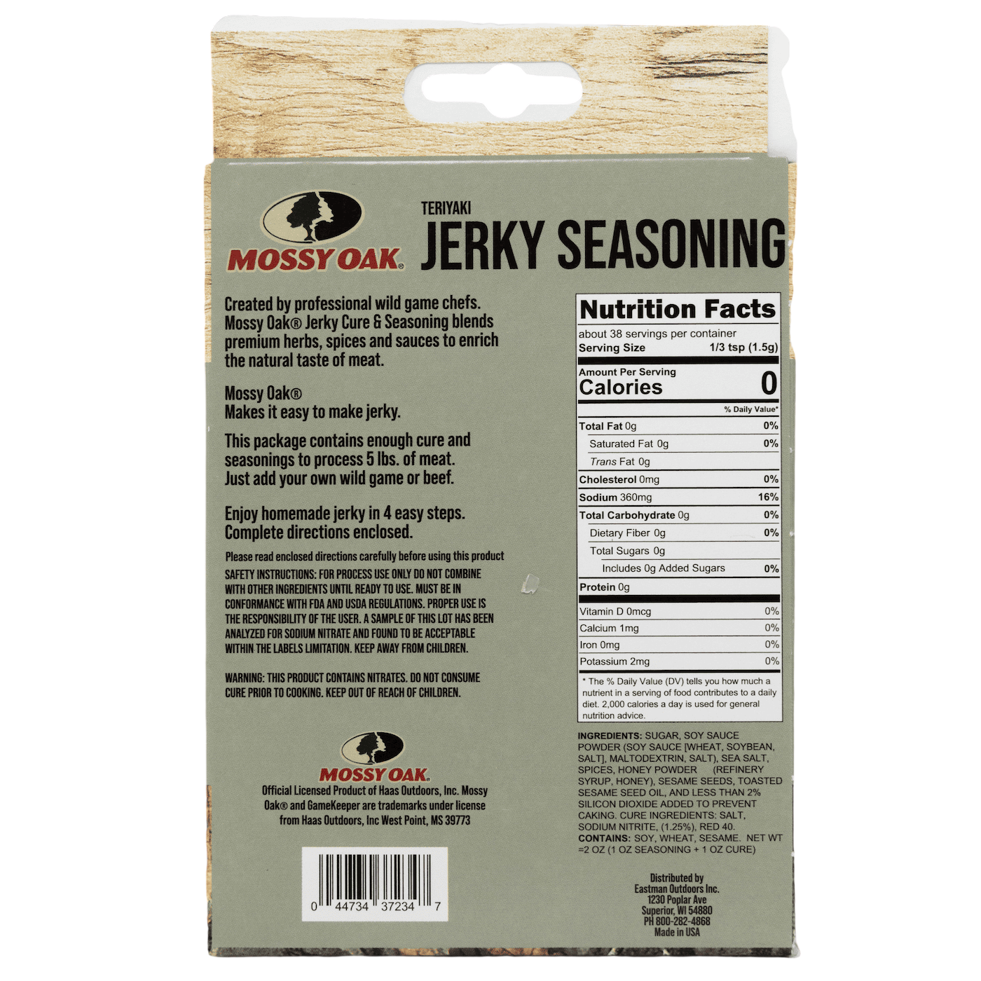 Jerky seasoning package with Mossy Oak branding and nutritional info for trail snacks.