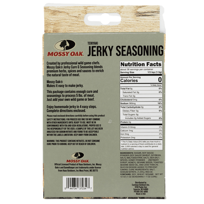 Jerky seasoning package with Mossy Oak branding and nutritional info for trail snacks.