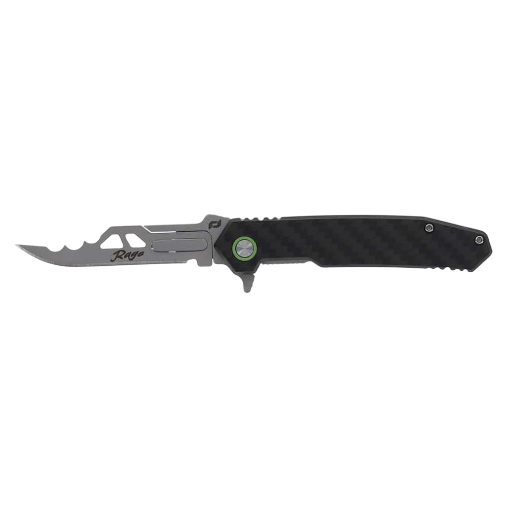 Black tactical folding knife with serrated blade and ergonomic handle.