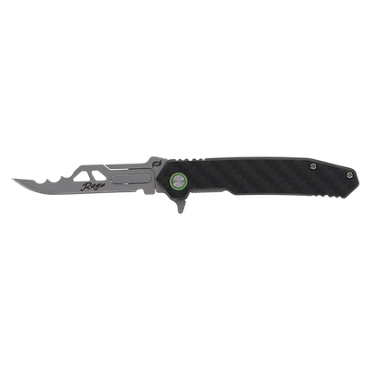 Black tactical folding knife with serrated blade and ergonomic handle.