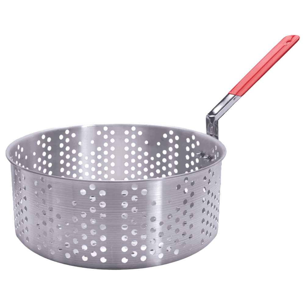 Perforated stainless steel cooking basket for outdoor grilling and camping.