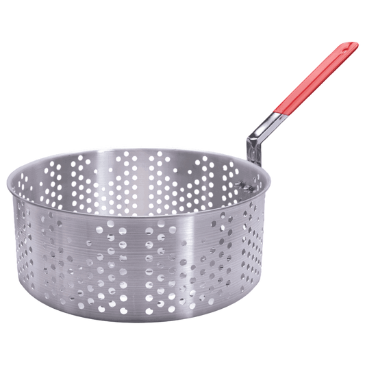 Perforated stainless steel cooking basket for outdoor grilling and camping.