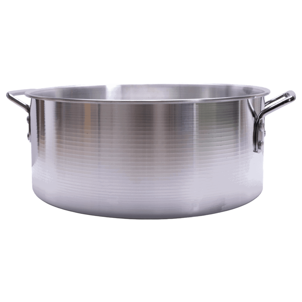 Stainless steel cooking pot with handles for outdoor and camping cooking activities.